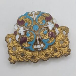 Vintage‎ Czech Buckle Enamel Art Nouveau Red Blue Gold Tone Cloisonne